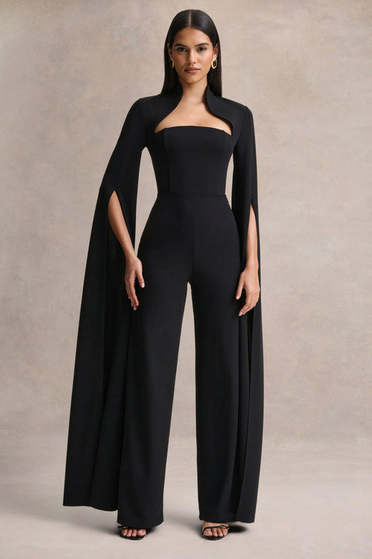Elisabetta | Black Square-Neck Jumpsuit With Cape-Sleeves