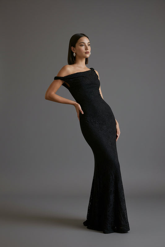 Afina Black Lace Maxi Dress - Front