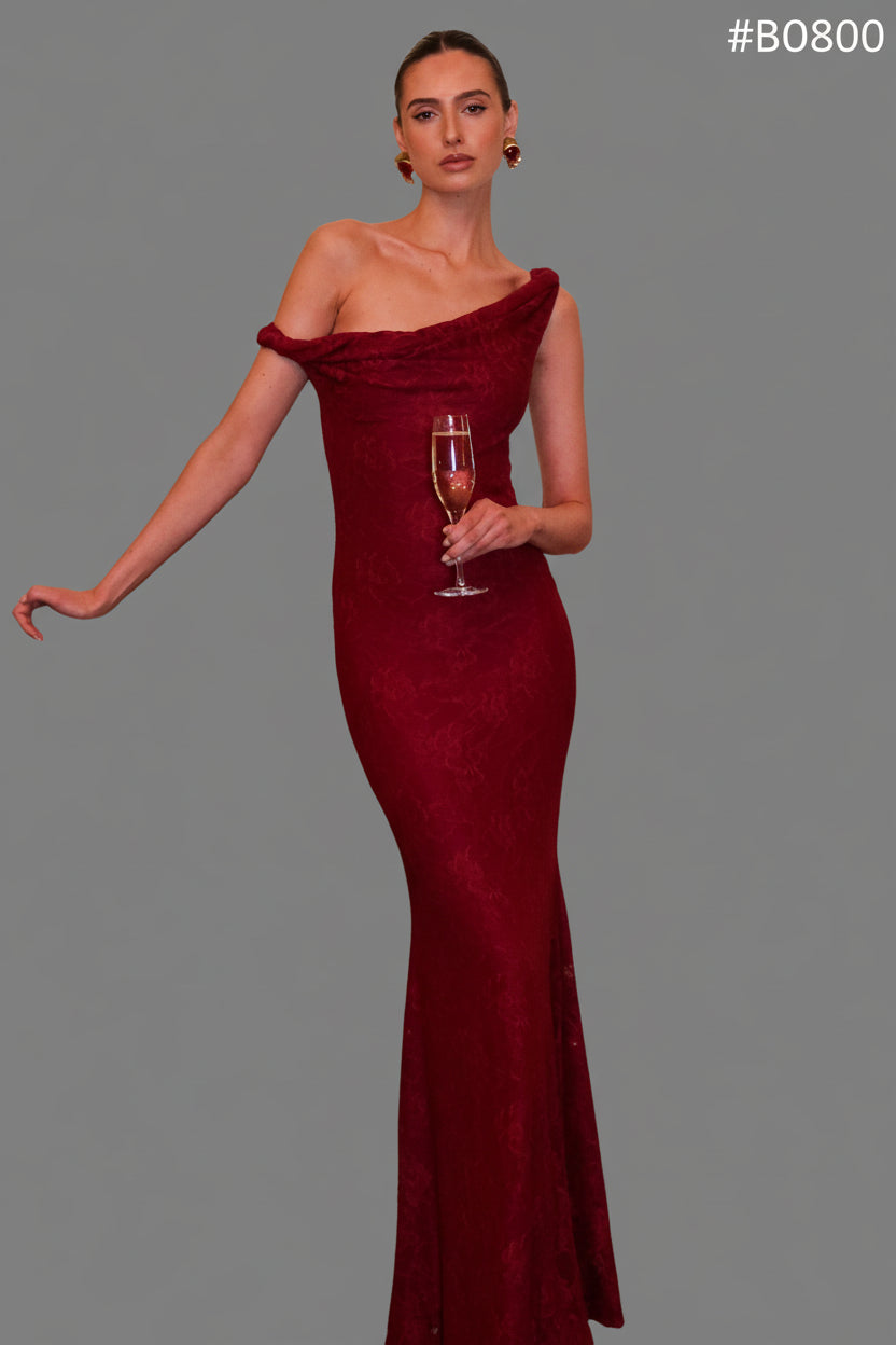 Afina Burgundy Lace Asymmetric-Neck Maxi Dress - Front