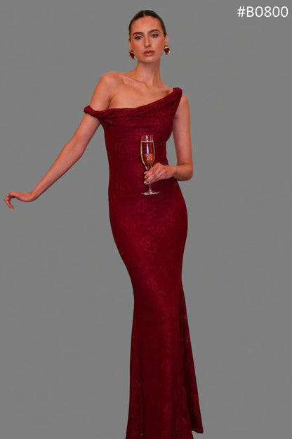 Afina Burgundy Lace Asymmetric-Neck Maxi Dress - Front