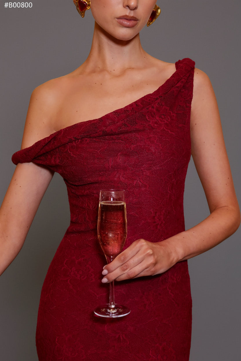 Afina Burgundy Lace Asymmetric-Neck Maxi Dress - Side