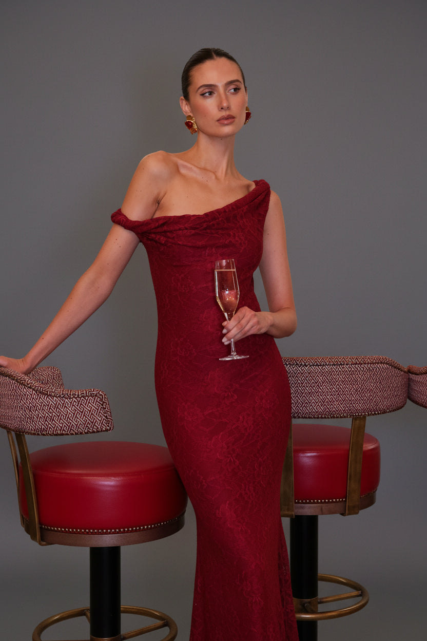 Afina Burgundy Lace Asymmetric-Neck Maxi Dress - Back