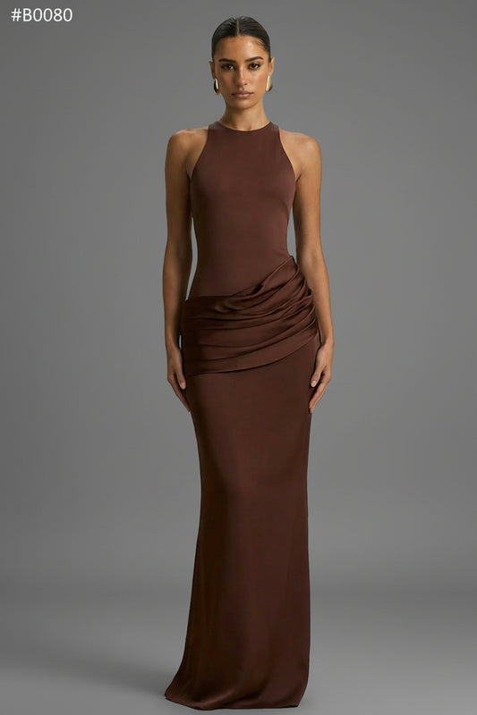 Akari Brown Crew-Neck Maxi Dress - Front