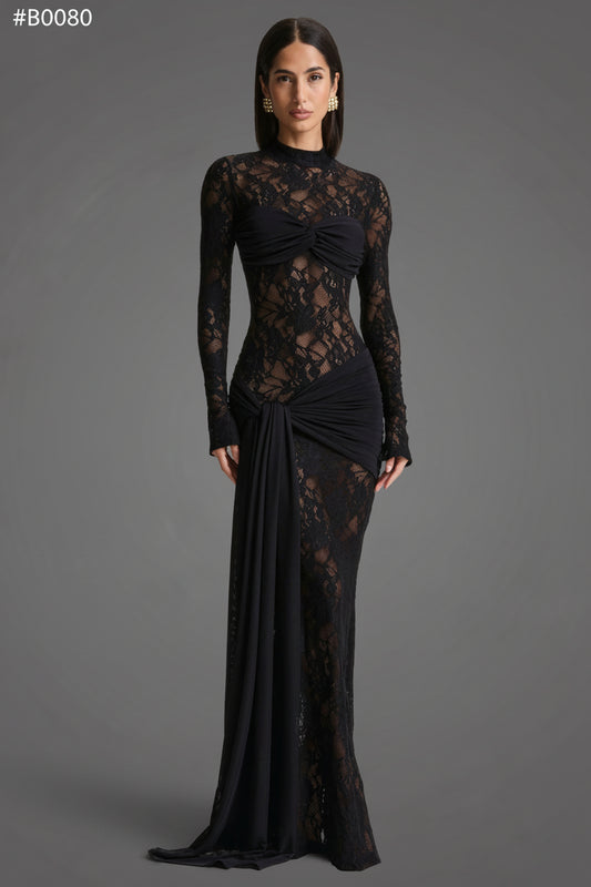 Akira Black Lace Maxi Dress - Front