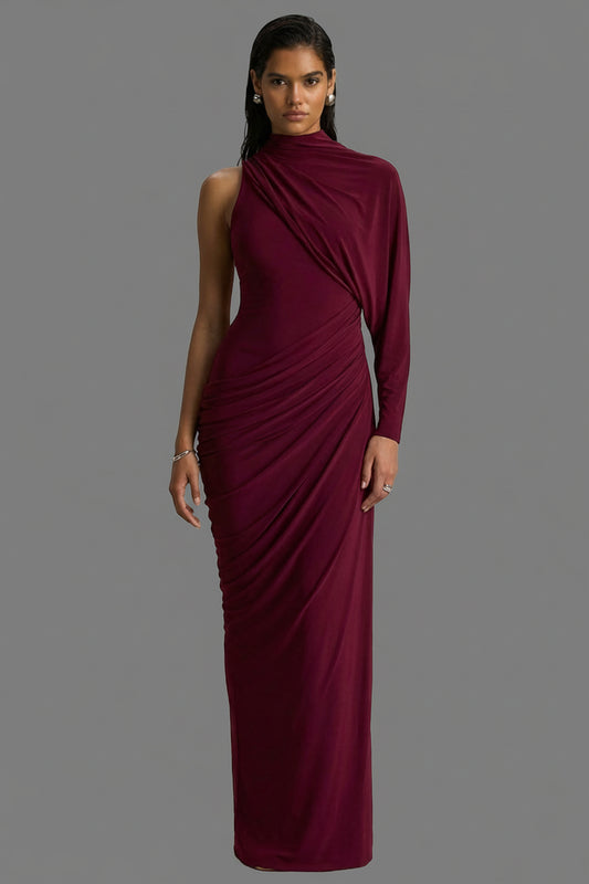Aphra Burgundy High-Neck Maxi Dress - Front