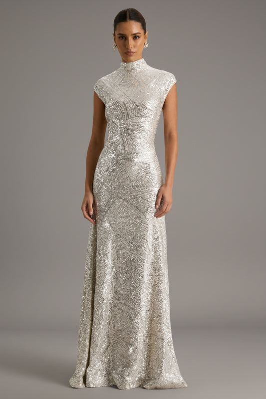 Cecy Silver Sequin Maxi Dress - Front