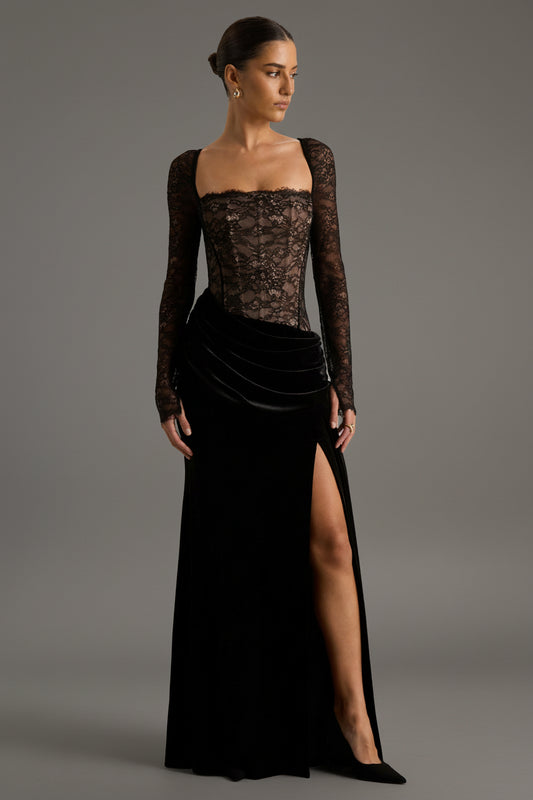 Finesse Black Lace Velvet Maxi Dress - Front